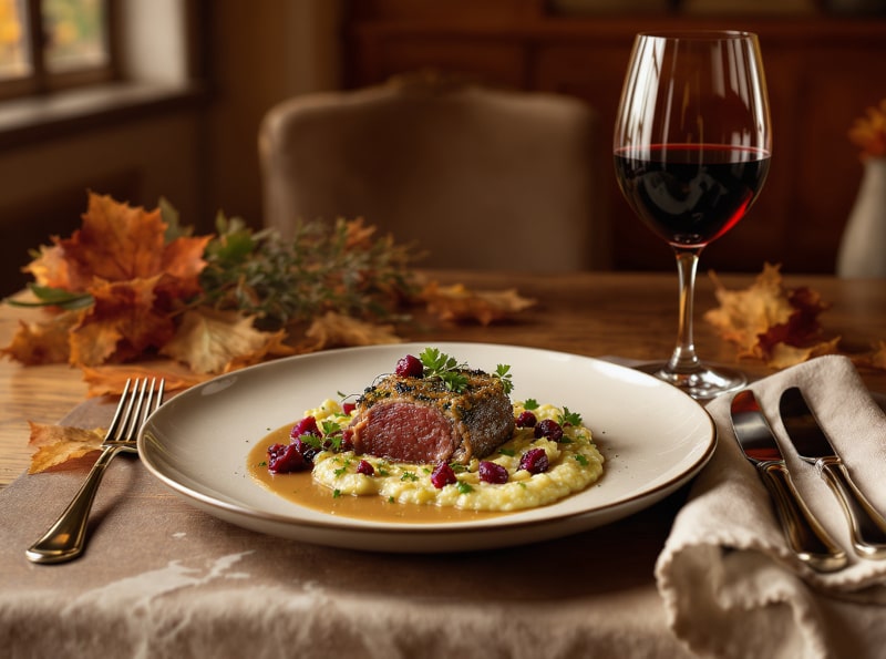 Wein zum Essen Hirschrücken im Kräutermantel mit Selleriepüree und Barolo-Weinbegleitung
