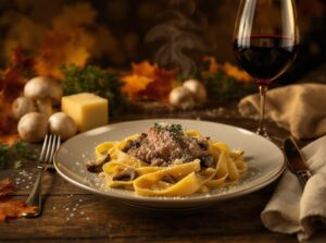 Wein zum Essen Kalbsragout mit Steinpilzen & Bandnudeln, herbstliche Tischszene mit Pinot Noir