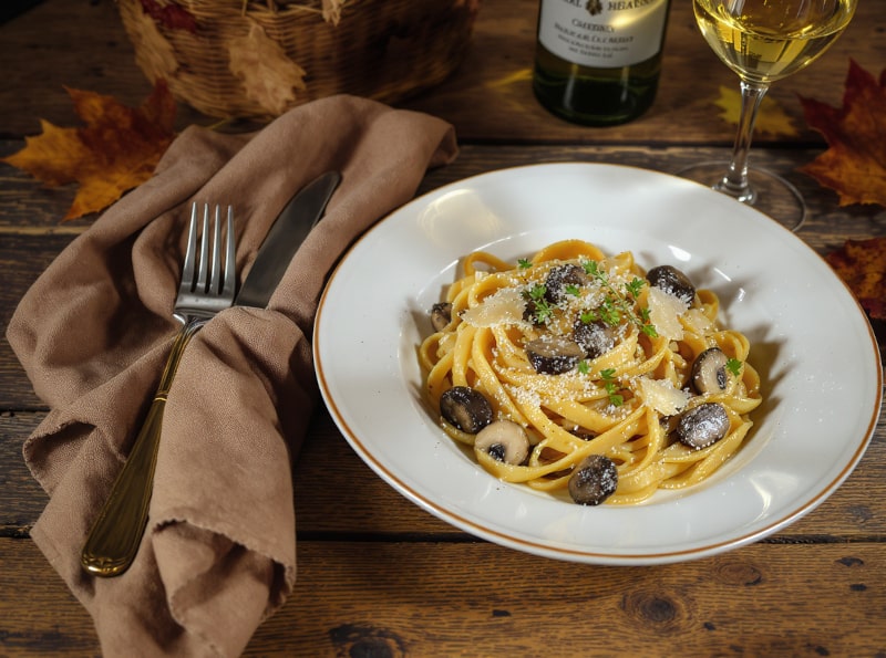 Wein zum Essen Maronen-Tagliatelle mit Trüffelrahm & Waldpilzen, serviert mit Chardonnay aus Meursault, herbstliche Szene auf Holztisch