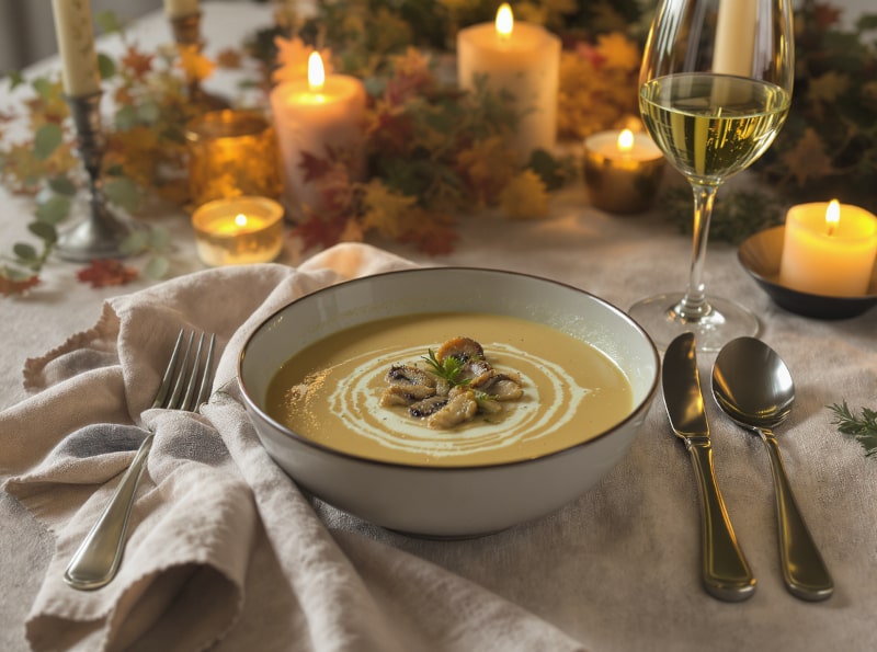 Wein zum Essen Maronencremesuppe mit Waldpilzen und Viognier im französischen Landhaus