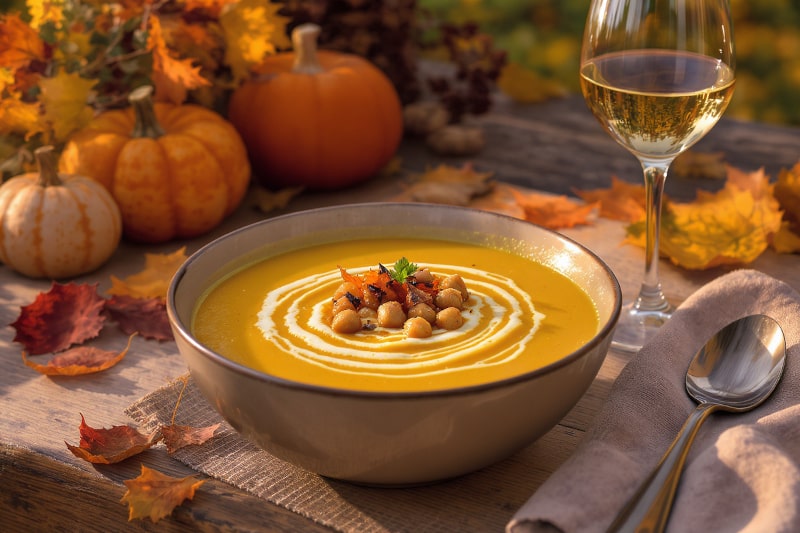 Wein zum Essen Pastinaken-Kürbis-Suppe mit Curry und gerösteten Kichererbsen, serviert mit Viognier