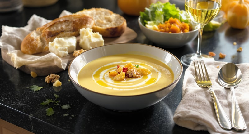 Wein zum Essen Pastinakencremesuppe mit Apfelchips und Walnussöl, serviert mit einem Glas Chenin Blanc aus Vouvray, Loire