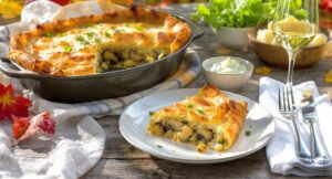 Wein zum Essen Pilz-Strudel mit Lauch und Kräuterrahm, serviert mit einem Glas Grüner Veltliner aus dem Kamptal, Österreich