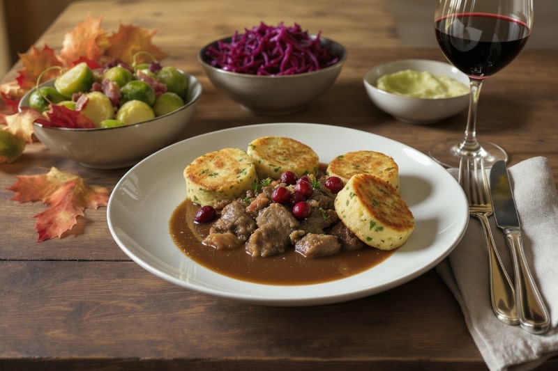 Wein zum Essen Reh-Ragout mit Preiselbeeren und Serviettenknödeln, serviert mit Pinot Noir aus Neuseeland