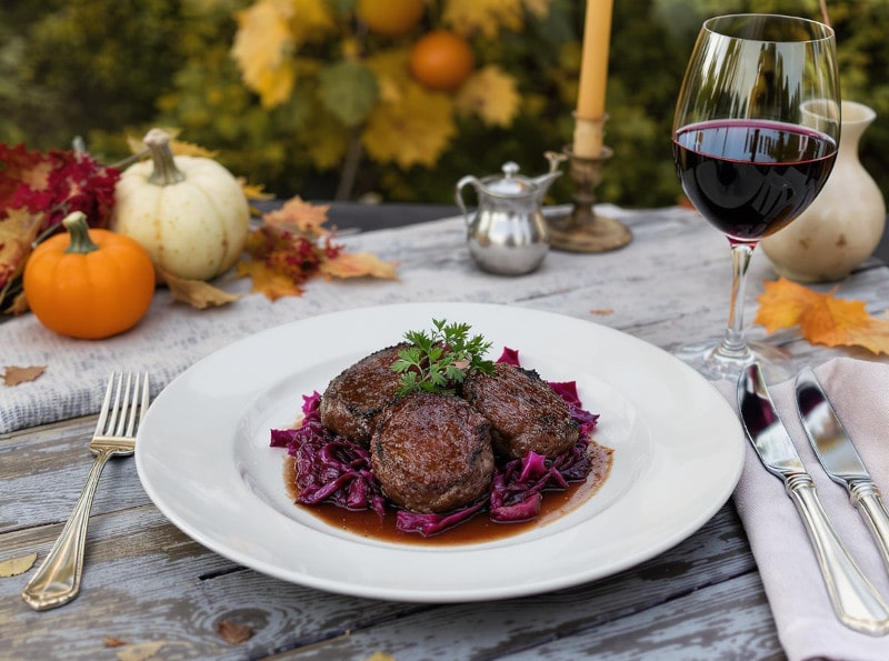 Wein zum Essen – Rehmedaillons mit Wacholder und Rotkraut auf Teller