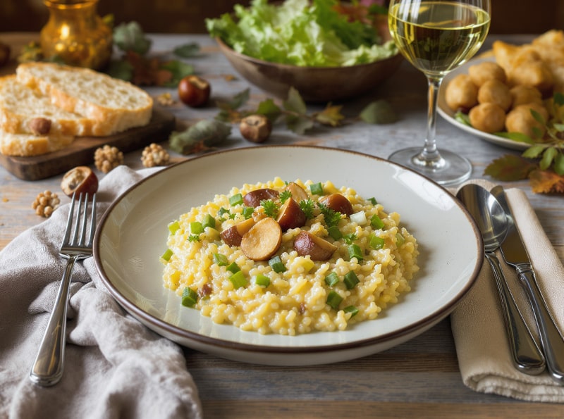 Wein zum Essen Risotto mit Kastanien, Lauch & Taleggio, serviert mit Glas Lugana DOC auf herbstlich gedecktem Tisch.