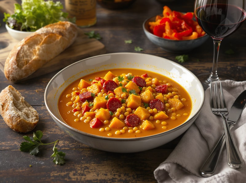 Wein zum Essen Rote-Linsen-Eintopf mit Kürbis und Chorizo, serviert mit einem Glas Garnacha aus Campo de Borja, Spanien