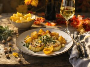 Wein zum Essen – Sellerie-Steak mit Haselnuss-Pesto und Ofenkartoffeln auf rustikalem Holztisch mit Riesling-Glas