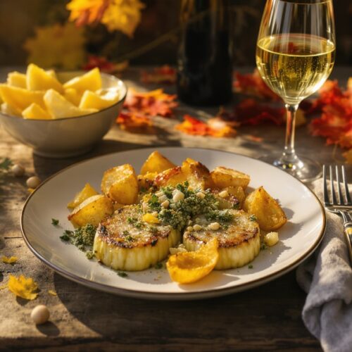 Wein zum Essen – Sellerie-Steak mit Haselnuss-Pesto und Ofenkartoffeln auf rustikalem Holztisch mit Riesling-Glas