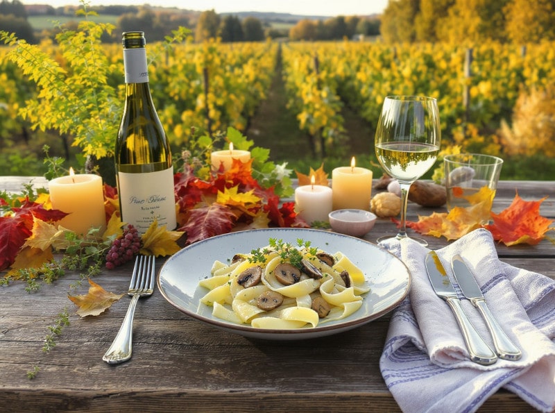 Wein zum Essen Steinpilz-Pappardelle mit Thymian, Trüffelöl und Pinot Blanc im Elsass-Garten