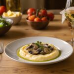 Wein zum Essen Steinpilz-Polenta mit Parmesan und Kräuteröl, serviert mit einem Glas Soave Classico aus Venetien