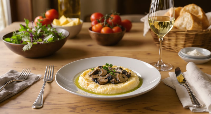 Wein zum Essen Steinpilz-Polenta mit Parmesan und Kräuteröl, serviert mit einem Glas Soave Classico aus Venetien
