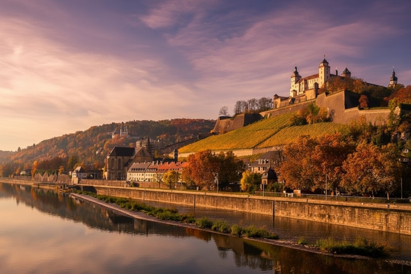 Weinberge unterhalb der Festung Marienberg in Würzburg bei Sonnenuntergang, mit herbstlich gefärbtem Laub am Mainufer – typische Szenerie der fränkischen Weinregion.