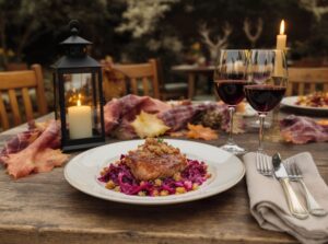 Wein zum Essen Wildentenbrust mit Apfel-Rotkohl & Haselnusskrokant, serviert im herbstlichen Garten mit Pinot Noir aus Oregon