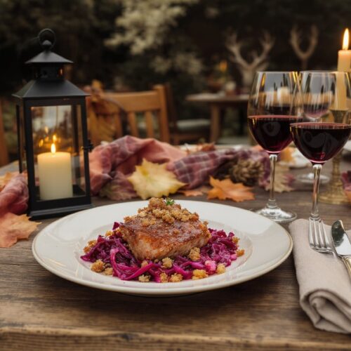 Wein zum Essen Wildentenbrust mit Apfel-Rotkohl & Haselnusskrokant, serviert im herbstlichen Garten mit Pinot Noir aus Oregon