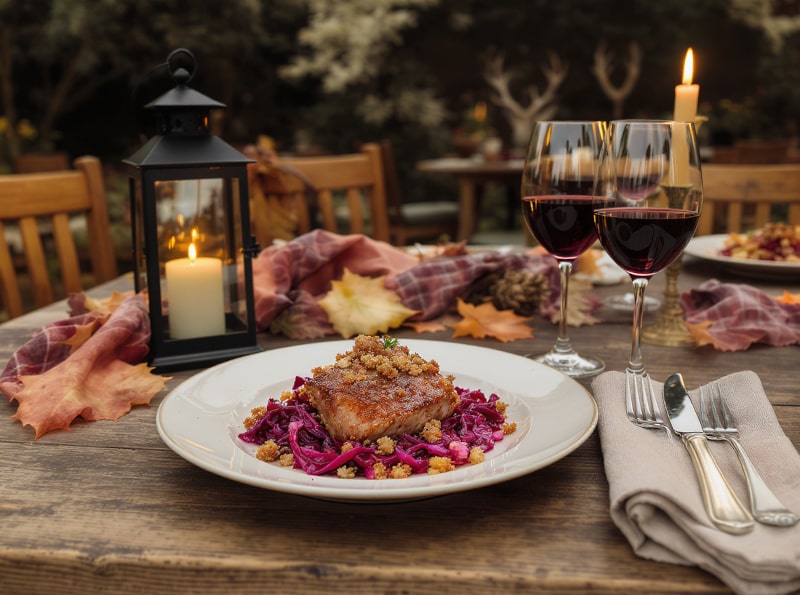 Wein zum Essen Wildentenbrust mit Apfel-Rotkohl & Haselnusskrokant, serviert im herbstlichen Garten mit Pinot Noir aus Oregon