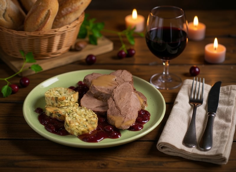 Wein zum Essen – Wildschweinkeule mit Preiselbeerjus und Serviettenknödeln auf rustikalem Holztisch mit Cabernet Sauvignon