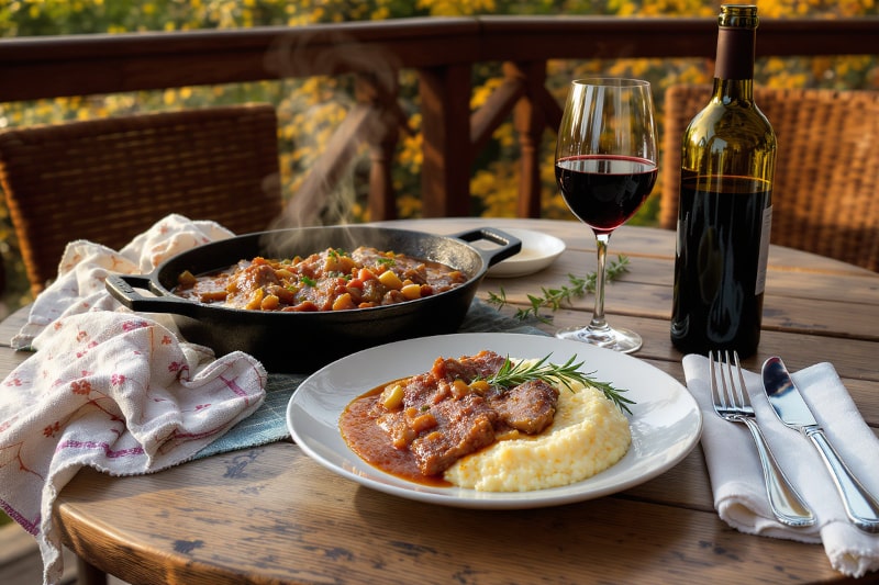 Wein zum Essen Wildschweinragout mit Polenta und Rosmarin, serviert mit Montepulciano d’Abruzzo