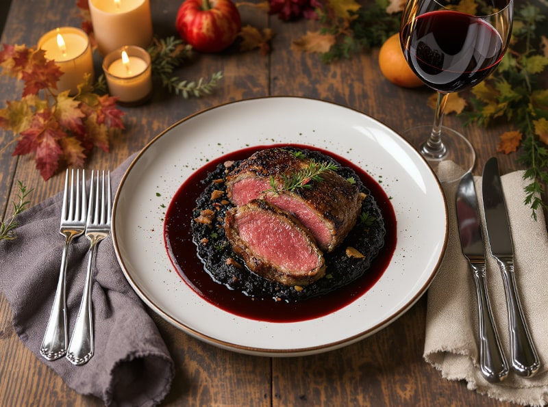 Wein zum Essen – Wildschweinrücken mit Schwarzwurzelpüree und Portweinjus, serviert mit Glas Barbera d’Asti