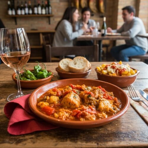 Wein zum Essen Bacalao a la Riojana, Kabeljau mit Paprika, Tomaten, Rioja Rosado, spanisches Tapassetting