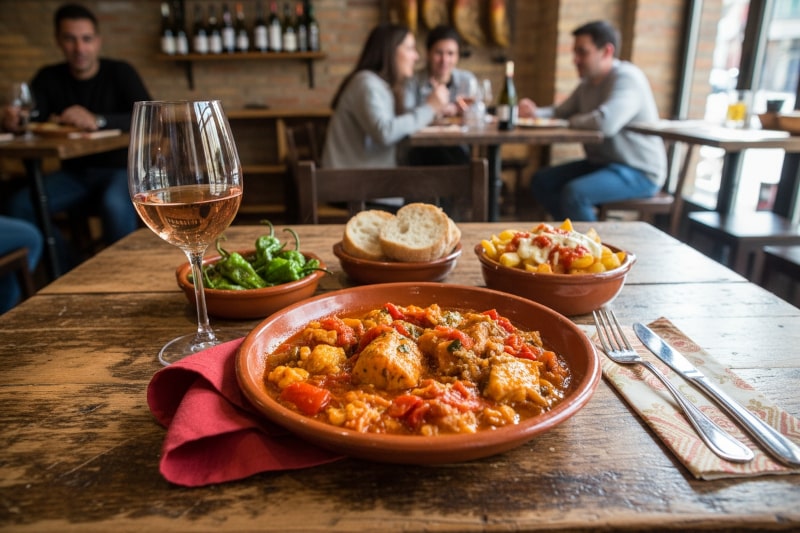 Wein zum Essen Bacalao a la Riojana, Kabeljau mit Paprika, Tomaten, Rioja Rosado, spanisches Tapassetting