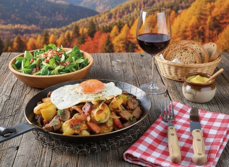 Wein zum Essen mit Südtiroler Bauerngröstel aus Rindfleisch und Kartoffeln in der Pfanne serviert, dazu ein Glas Vernatsch auf rustikalem Holztisch mit Bergblick