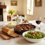 Wein zum Essen Boeuf Bourguignon mit Perlzwiebeln, Speck, Feldsalat und Bourgogne Rouge
