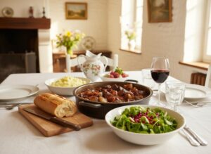 Wein zum Essen Boeuf Bourguignon mit Perlzwiebeln, Speck, Feldsalat und Bourgogne Rouge
