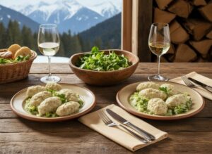 Wein zum Essen Buchweizennocken mit Bergkäse und Lauch auf alpenländisch gedecktem Tisch, Chardonnay aus Südtirol, alpine Deko und Beilagen.
