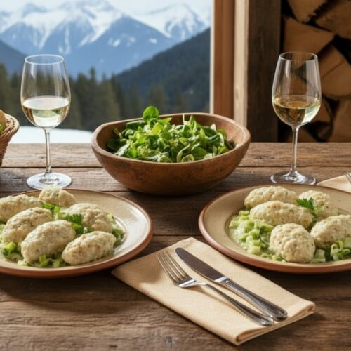Wein zum Essen Buchweizennocken mit Bergkäse und Lauch auf alpenländisch gedecktem Tisch, Chardonnay aus Südtirol, alpine Deko und Beilagen.