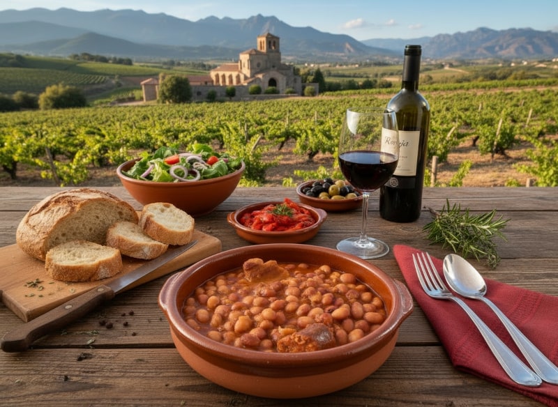 Wein zum Essen Caparrones con Chorizo mit Rioja auf spanischer Terrasse, Bauernbrot und Salat als Beilagen