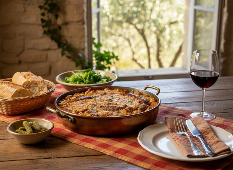Wein zum Essen – Cassoulet mit Bohnen und Wurst, Baguette und Corbières auf rustikalem südfranzösischem Holztisch