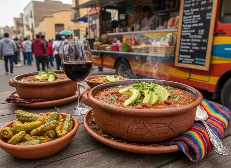 Wein zum Essen – Mexikanisches Chili sin Carne in rustikaler Ton-Schale mit Avocado, Kräutern und dampfender Oberfläche, serviert mit gebackenen grünen Chilis und einem Glas Rotwein vor einem bunten Foodtruck in lebendiger Straßenmarktatmosphäre.