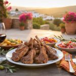 Wein zum Essen Chuletas de Cordero a la Brasa, Lammkoteletts vom Grill mit Rioja, Ofenkartoffeln, gegrillte Paprika, mediterrane Tischszene, Sommer