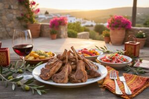 Wein zum Essen Chuletas de Cordero a la Brasa, Lammkoteletts vom Grill mit Rioja, Ofenkartoffeln, gegrillte Paprika, mediterrane Tischszene, Sommer