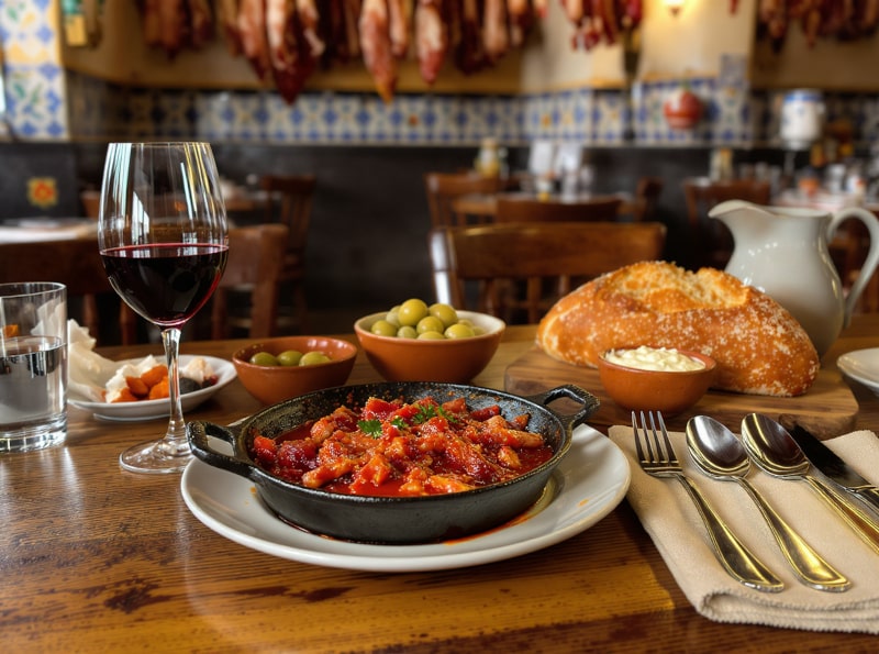 Wein zum Essen – Cordero al Chilindrón, Lamm in spanischer Tapas-Bar mit Rioja, Paprika, Landbrot, Rosmarinkartoffeln und Spargel