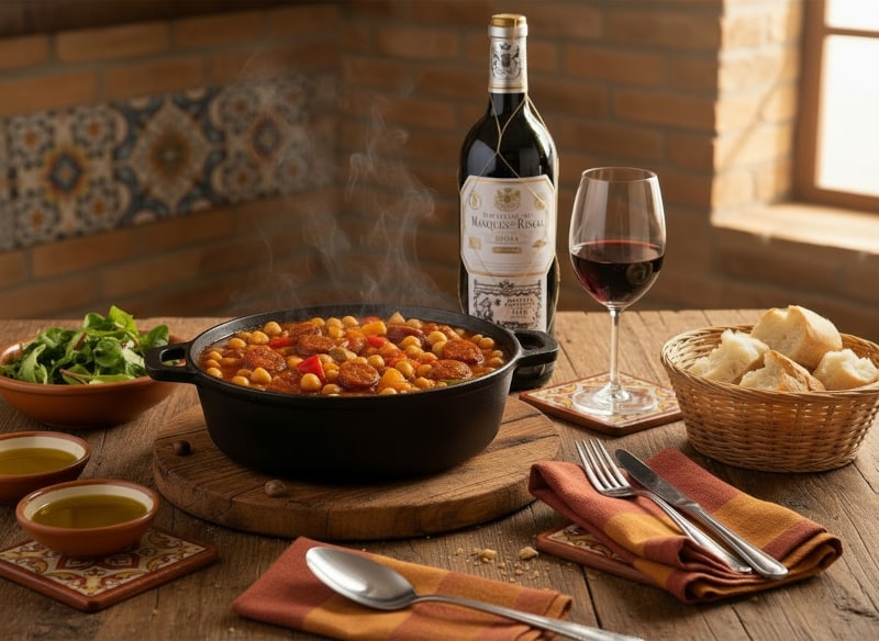 Wein zum Essen – Deftiger Kichererbsen-Eintopf mit Chorizo, Brot und Rioja auf rustikalem spanisch inspiriertem Holztisch