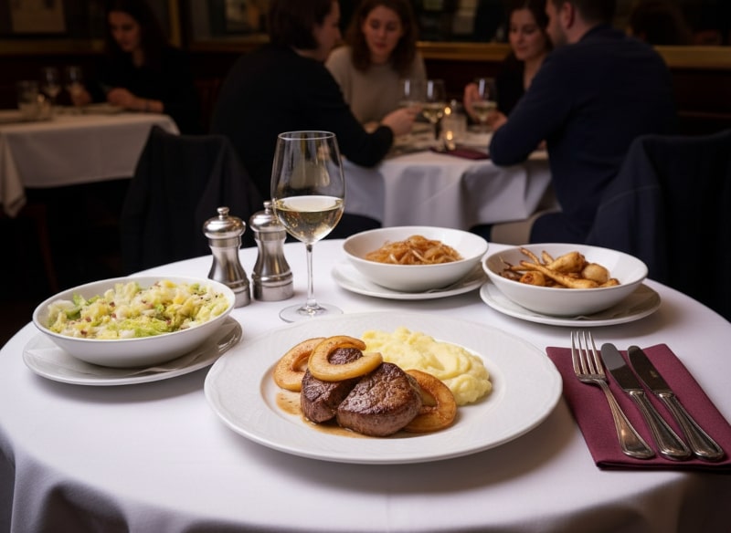 Wein zum Essen Gebratene Kalbsleber mit Apfelringen, Kartoffelpüree, Chenin Blanc Loire, Bistro-Szenerie