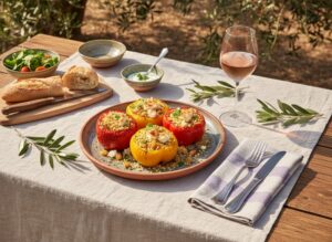 Wein zum Essen – Gefüllte Paprikaschoten mit Couscous und Feta auf mediterran gedecktem Gartentisch