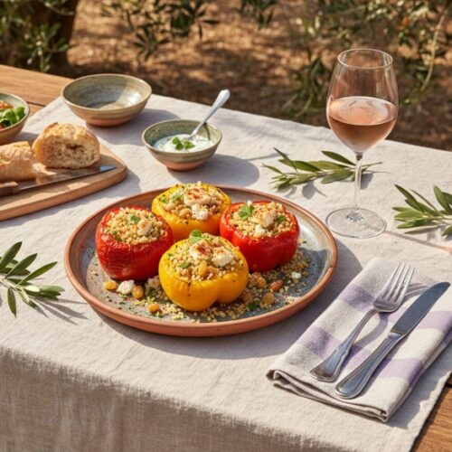Wein zum Essen – Gefüllte Paprikaschoten mit Couscous und Feta auf mediterran gedecktem Gartentisch