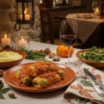 Wein zum Essen Gefüllte Wirsingrouladen mit Tomatensugo, Kartoffelpüree und Montepulciano d'Abruzzo