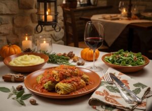 Wein zum Essen Gefüllte Wirsingrouladen mit Tomatensugo, Kartoffelpüree und Montepulciano d'Abruzzo