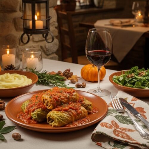 Wein zum Essen Gefüllte Wirsingrouladen mit Tomatensugo, Kartoffelpüree und Montepulciano d'Abruzzo