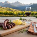 Wein zum Essen mit gegrillten Kaminwurzen und cremiger Polenta, serviert im Südtiroler Almhüttenstil – dazu ein Glas kräftiger Rotwein auf Holztisch mit Bergpanorama