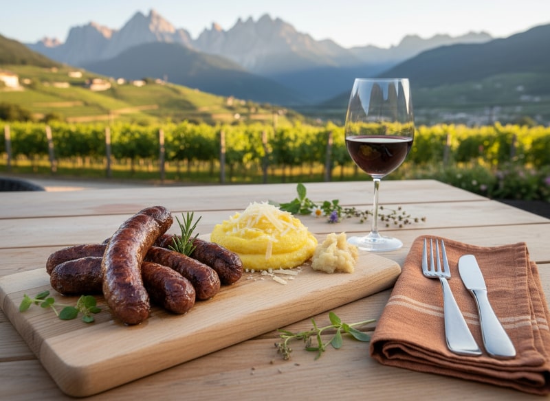 Wein zum Essen mit gegrillten Kaminwurzen und cremiger Polenta, serviert im Südtiroler Almhüttenstil – dazu ein Glas kräftiger Rotwein auf Holztisch mit Bergpanorama