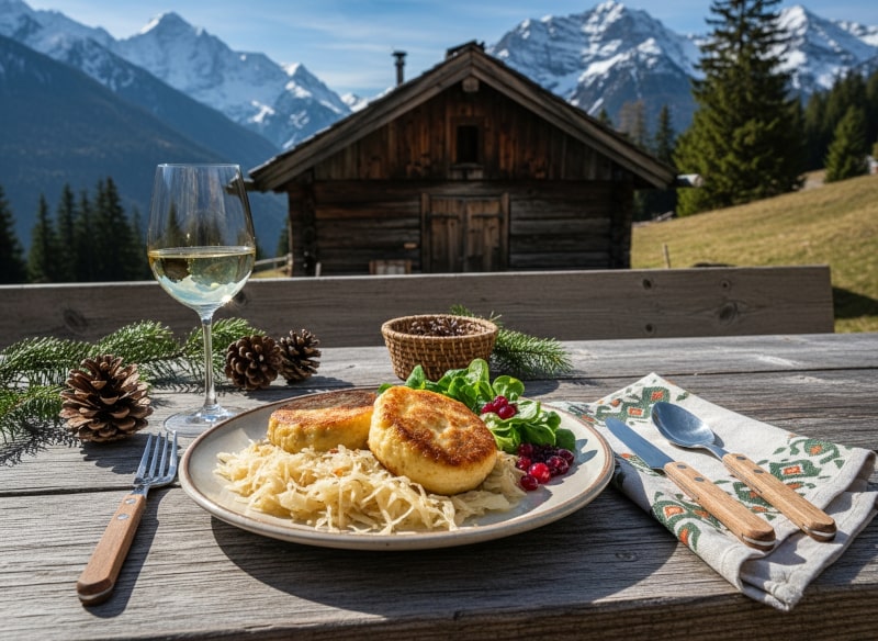 Wein zum Essen Geröstete Kaspressknödel mit Sauerkraut, Alpenlandschaft, Holztisch, Beilagen, Sylvaner, Picknickszene.