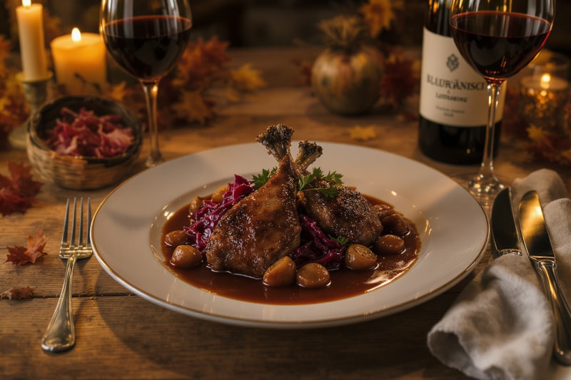 Wein zum Essen – Geschmorte Entenkeulen mit Maronen und Rotkohl auf Holztisch mit Glas Blaufränkisch