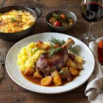 Wein zum Essen Geschmorte Lammhaxe mit Rosmarin & Wurzelgemüse auf rustikal gedecktem Holztisch