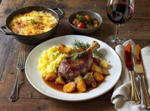 Wein zum Essen Geschmorte Lammhaxe mit Rosmarin & Wurzelgemüse auf rustikal gedecktem Holztisch