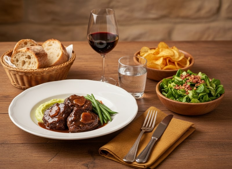 Wein zum Essen Kalbsbäckchen in Madeira-Sauce mit Lauchpüree und Merlot, rustikale Tischszene